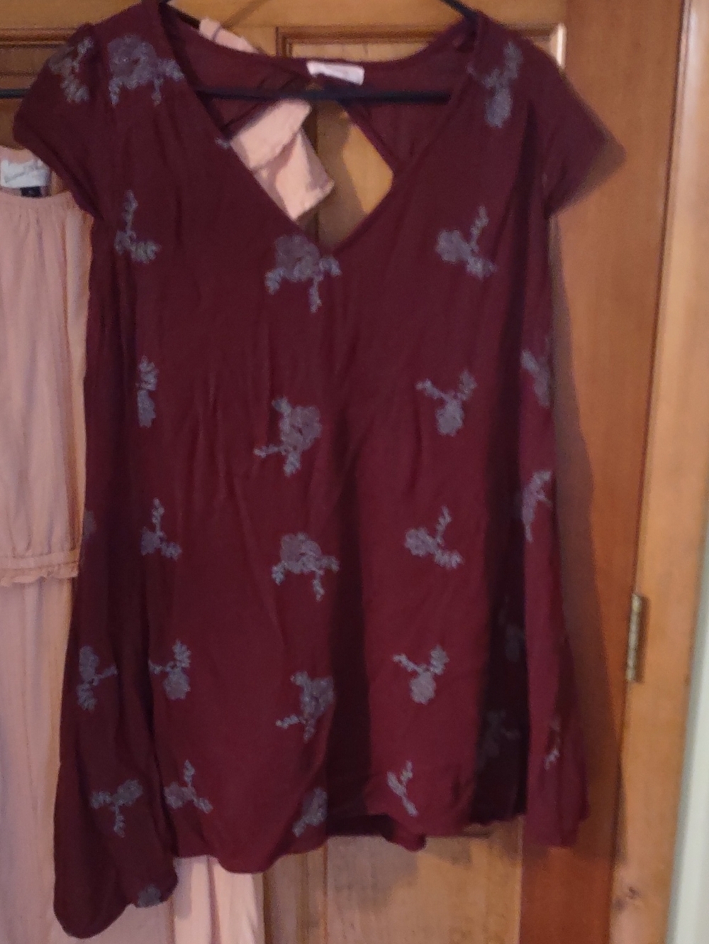 Women’s Floral Embroidered V-Neck Tunic Top - or Mini Dress Burgundy